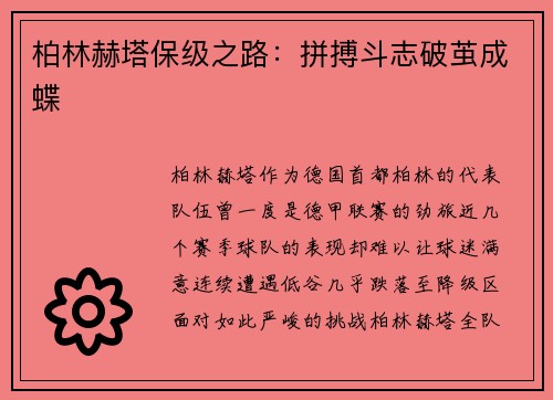 柏林赫塔保级之路：拼搏斗志破茧成蝶